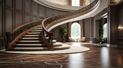 Foyer with curved staircase. generative ai.