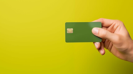 Hand grabbing a green credit card over green background, responsible purchasing. Generative AI.