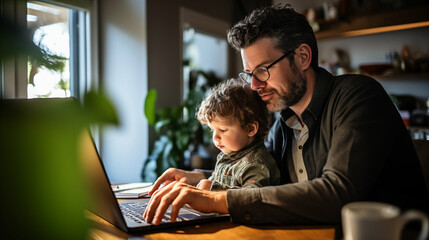 Freelance father carrying his baby while working at a laptop. Generative AI.