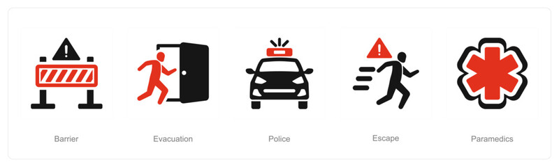A set of 5 Emergency icons as barrier, evacuation, police