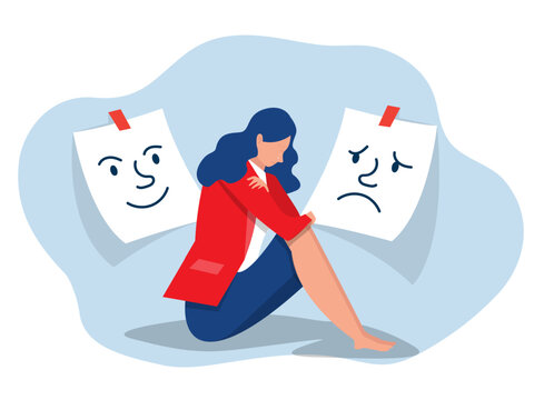 woman confused Mixed emotions of happiness and sadness under mask imposter syndrome, Bipolar disorder, fake faces and emotions. psychology, false behavior or deceiver.vector illustrator