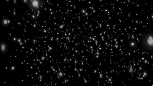 Flying snow on a black background. 4K motion graphics. snowfall overlay, background - winter, effect of slowly falling snow. Abstract particle background. seamless loop. winter weather overlay.