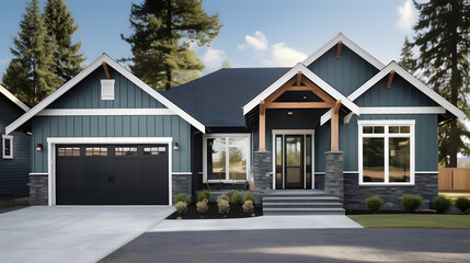Gray New Construction Modern Cottage Home with Hardy Board Siding and Teal Door with Curb Appeal. generative ai.