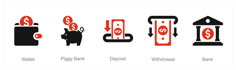 A set of 5 Finance icons as wallet, piggy bank, deposit