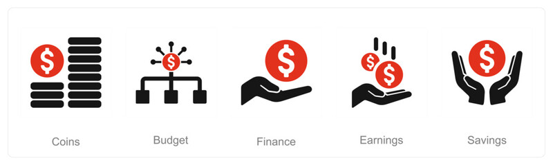 A set of 5 Finance icons as coins, budget, finance