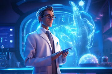Smart mature male doctor in future uses 3d hologram technology to diagnose, cure patients in hospital. Science doctor with blue light hologram tools, equipment in lab. Generative AI.