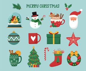Set of Christmas objects isolated on blue background. Christmas elements.