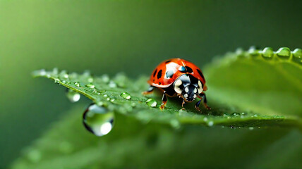 A single dewdrop on a green leaf, capturing the small world within. Ladybug was nearby. This composition emphasizes the elegance and refinement of nature up close.