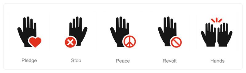 A set of 5 Hands icons as pledge, stop, peace