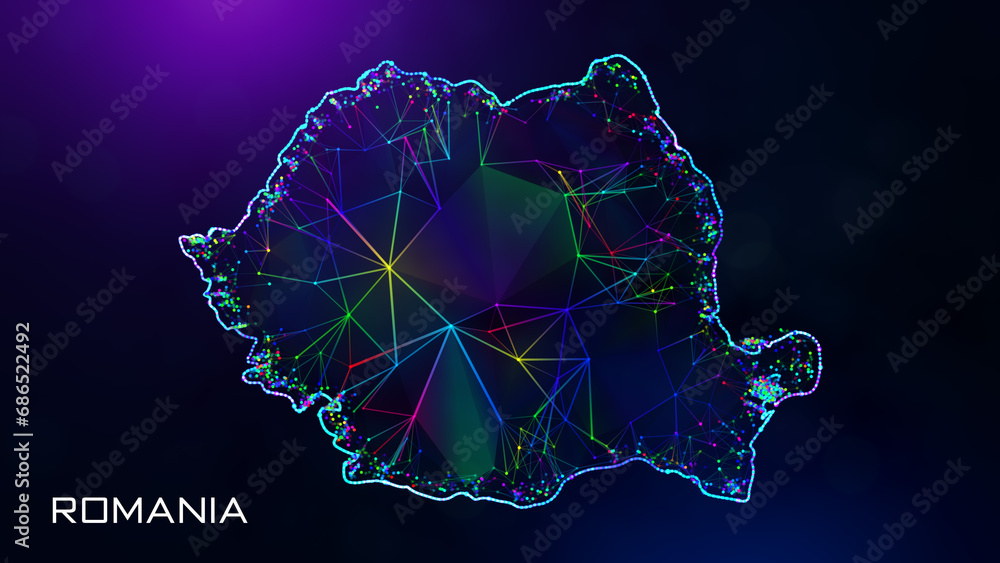 Poster futuristic sweet romania map polygonal blue purple colorful connected lines and dots wireframe netwo