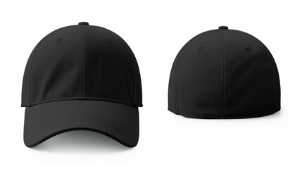 Front and back view of black cap on white background