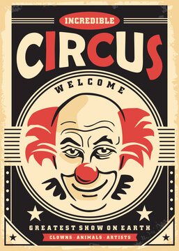 Retro poster design for incredible circus show. Comic style clown portrait with red nose and hair. Circus vector flyer template.