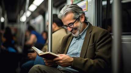 Senior man reading a book on the subway created with Generative AI. - obrazy, fototapety, plakaty