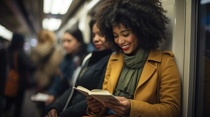 Young African woman reading a book on the subway created with Generative AI. - obrazy, fototapety, plakaty