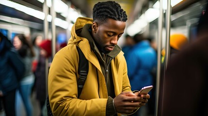Young African man using the smartphone on the subway created with Generative AI.