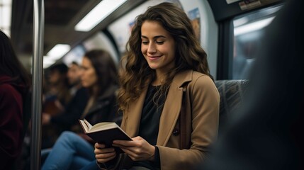 Young woman reading a book on the subway created with Generative AI.