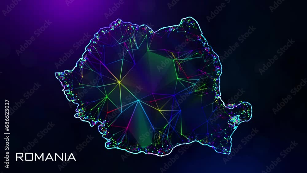 Poster futuristic sweet motion reveal romania map polygonal blue purple colorful connected lines and dots w