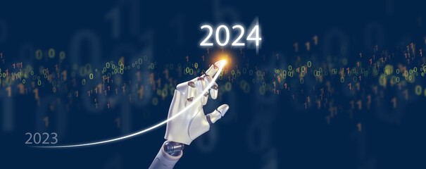 A robot hand, AI, draws rising curve from the end of 2023 rises to the start of 2024. Happy new year and welcome new business and technology visions
