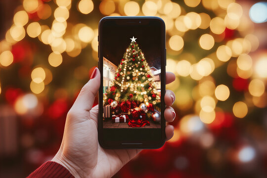 hand holding a smartphone taking a photo of a festive Christmas tree with red and gold baubles and lights