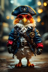 Fototapeta premium Anthropomorphic cute and adorable charming smiling pirate CHICKEN wearing, glasses shoes, Animal Character Image created with Generative Ai Image