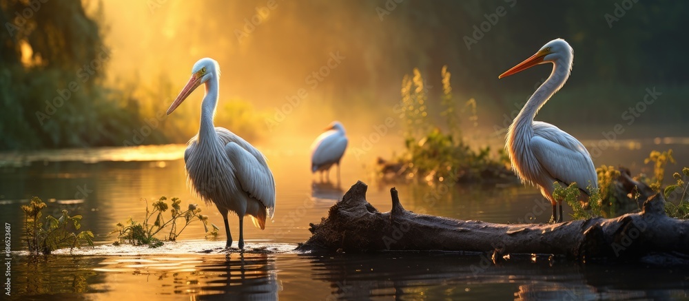 Poster Birds such as pelican, heron, and egret stand in the center of a serene pond, showcasing the biodiversity of nature in the Danube delta.