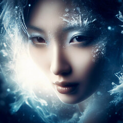 A beautiful girl with an unusual chic makeup and an image of ice and snow, a cold ice sorceress