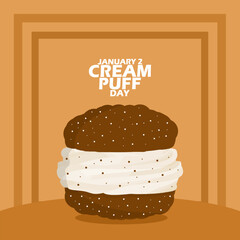 National Cream Puff Day event banner. Delicious cake with cream filling, with bold text and frame on table to celebrate on January 2