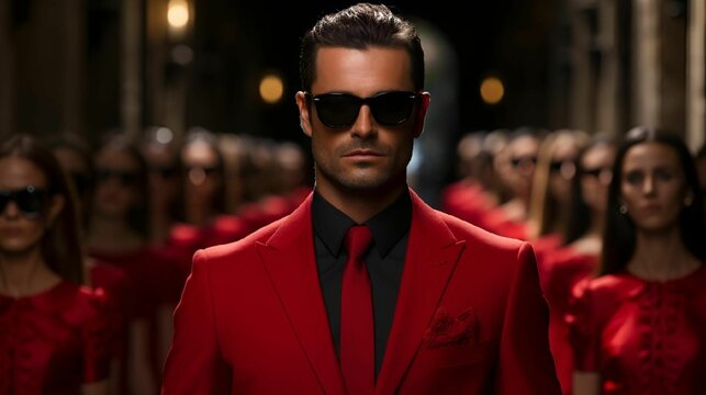 AI illustration of a young man wearing sunglasses and a red suit standing among a crowd.