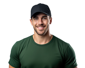 Smiling man wearing dark green sport t-shirt and cap isolated on transparent background