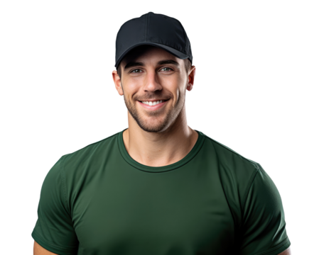 Smiling man wearing dark green sport t-shirt and cap isolated on transparent background
