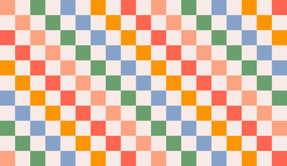 Groovy checkered seamless patterns, vintage aesthetic backgrounds, psychedelic checkerboard texture. Funky hippie fashion textile print, retro background with distorted grid tile vector pattern.