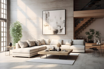Home mockup, living room loft 3d rendering. generative ai.