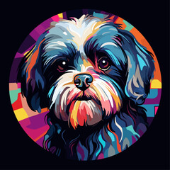 Vector Art of a Shih Tzu Dog Cubist Style Inside a Circular Frame on a Black Background