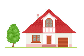White house with red roof Isolated on  white background. Vector illustration of  cottage and green tree. Flat style.