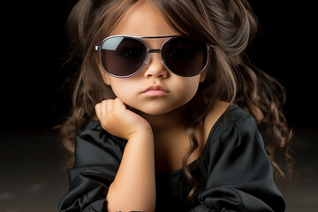 Fototapeta premium Little glamorous girl in sunglasses posing and looking at the camera, studio background, close-up.