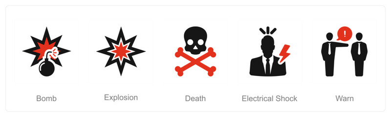 A set of 5 Hazard Danger icons as bomb, explosion, death, electrical shock