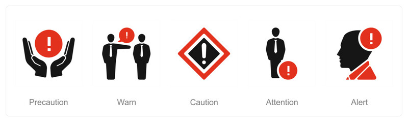 A set of 5 Hazard Danger icons as precaution, warn, caution