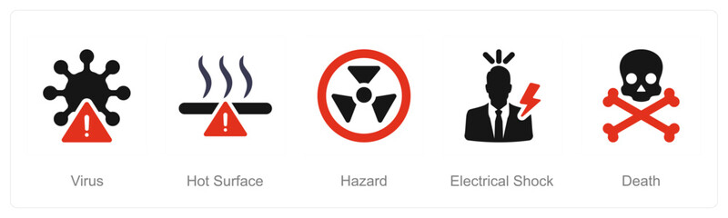 A set of 5 Hazard Danger icons as virus, hot surface, hazard