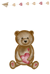 Watercolor drawing of a cute bear with a heart. Valentine's day card template with cute teddy bear. Holiday card for loved ones