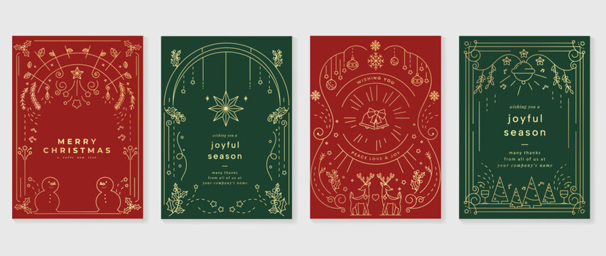 Luxury christmas invitation card art deco design vector. Christmas tree, bauble ball, snowman, reindeer, bell line art on green and red background. Design illustration for cover, poster, wallpaper.