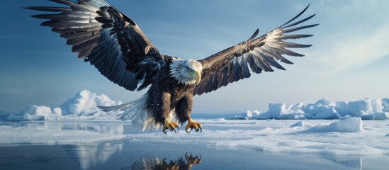 Arctic wildlife: White-tailed eagle flying in winter scene with ice.