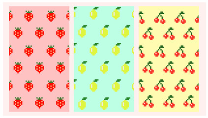 Fototapeta na wymiar Set of pixel art fruits cherry, lemon, strawberry, for kitchen breakfast lunch dinner cooking background