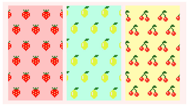 Set of pixel art fruits cherry, lemon, strawberry, for kitchen breakfast lunch dinner cooking background