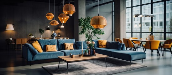 Modern spacious apartment with corner sofa near wooden table and chairs under hanging lamps on ceiling