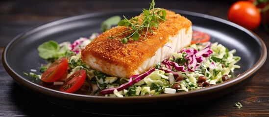 Crusted red fish fillet with cheese and veggie salad.