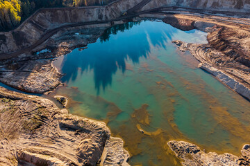 View from above of the sand quarry territory with a picturesque pond