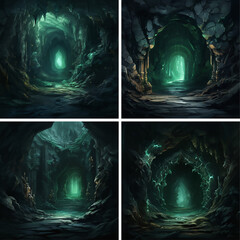 fantasy forest landscape dark background nature tree light mysterious night green magic cave 