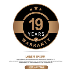 19 Year warranty vector art illustration in emas color with fantastic font and white background. Eps10 Vector
