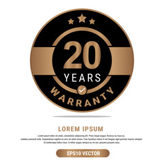 20 Year warranty vector art illustration in emas color with fantastic font and white background. Eps10 Vector