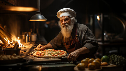 An old, gray-haired, bearded head chef is preparing pizza.